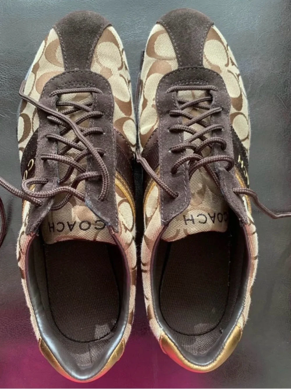 COACH Women’s Signature Canvas Brown Trainer with Gold Accents - Picture 2 of 4